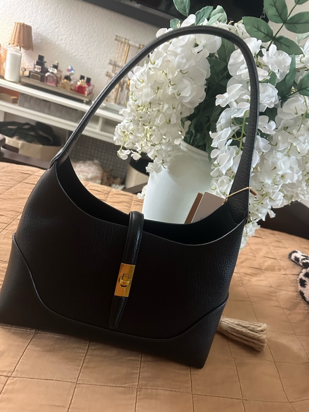 Black Women’s Shoulder Bag with Gold Accent